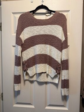 Pink Rose Mauve and Cream Striped Crewneck Sweater
